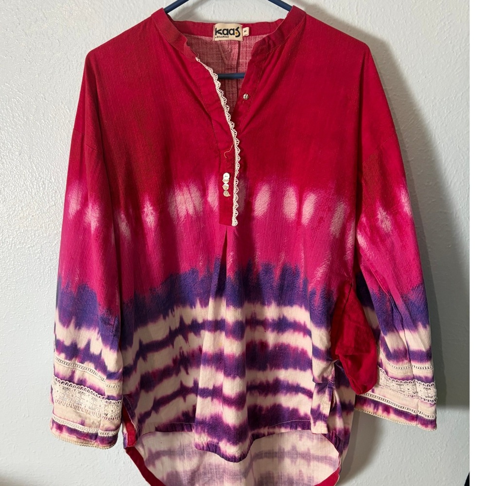 Kaaj by Gul Ahmed Pink Purple Tie Dye Lace Trim Tunic Top Womens Medium resort